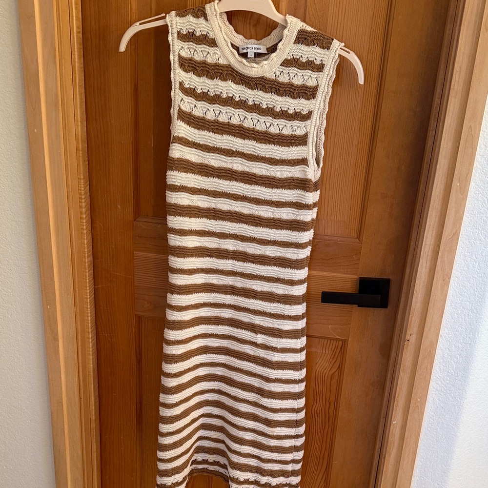 Veronica Beard Cream and Brown Striped Knit Midi Dress